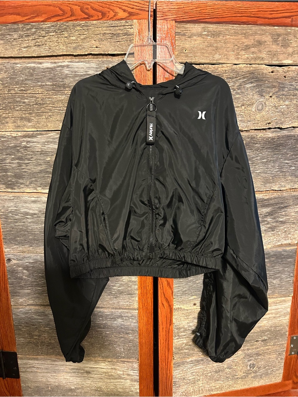 Hurley Black Hooded Bomber Windbreaker Jacket Cropped Size Med Zipper&Drawstring